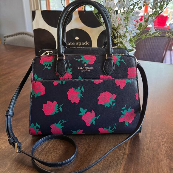 Kate Spade Madison Rose Toss Printed Medium Satchel KE536 Black Red Floral